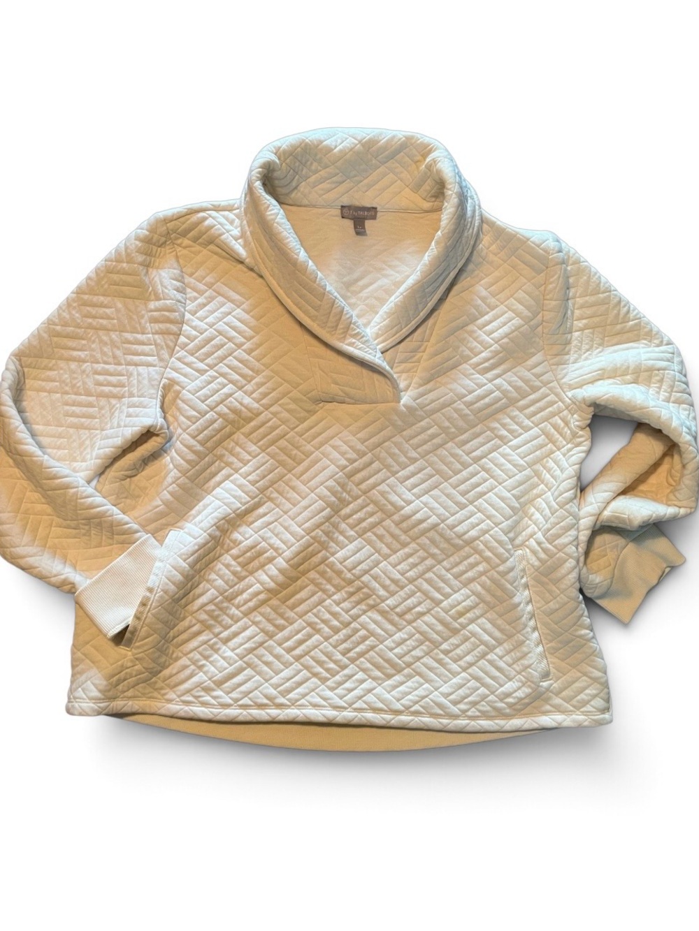 Talbots womenโs size large petite Quilted Shawl Collar Pullover Sweater - Cream